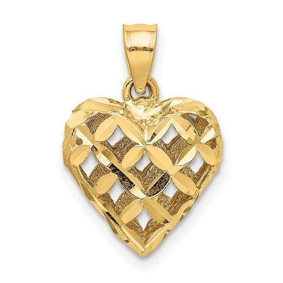 14k Yellow Gold 3-D Diamond-cut Filigree Puffed Heart Charm